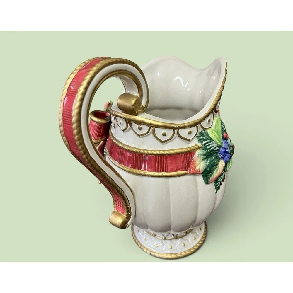 Fitz & Floyd Classics Christmas Deer Bow Bells Serving Pitcher Vase Bells Ribbon